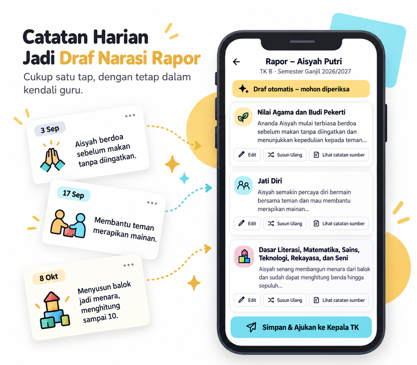 Layar penyusun narasi rapor: catatan harian guru tentang Aisyah diubah menjadi draf narasi per aspek, dengan tombol Edit, Susun Ulang, dan Lihat catatan sumber