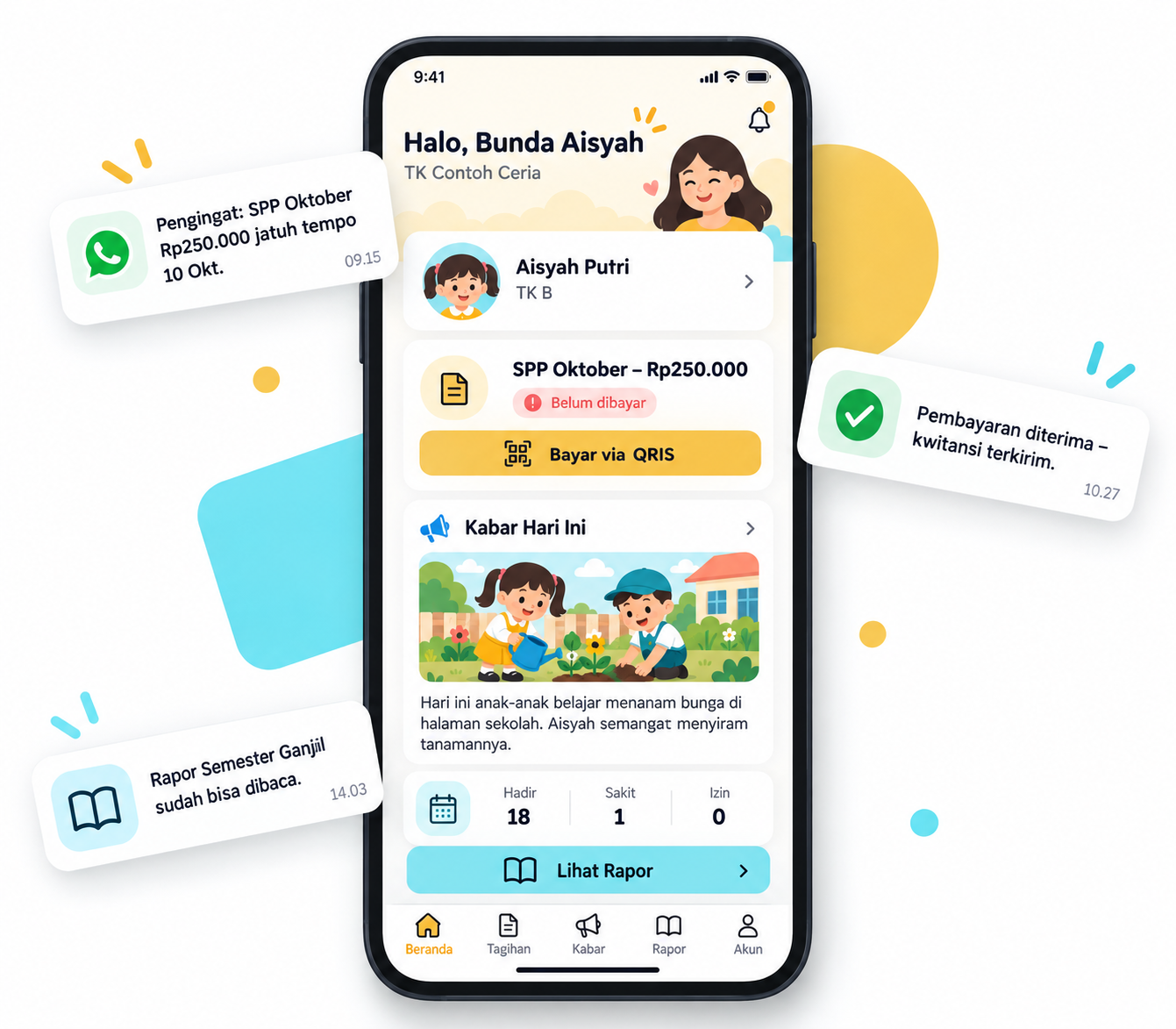Halaman wali murid di HP: tagihan SPP dengan tombol Bayar via QRIS, kabar kegiatan hari ini, rekap presensi, dan tombol Lihat Rapor