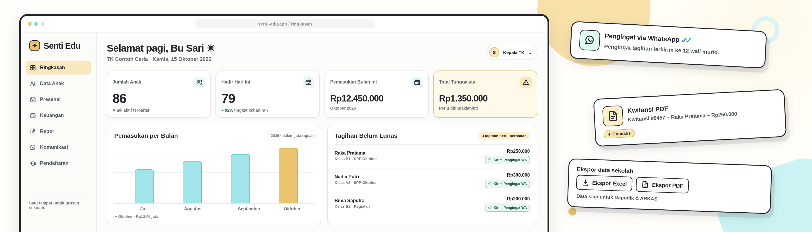 Halaman ringkasan kepala TK: jumlah anak, hadir hari ini, pemasukan bulan ini, total tunggakan, grafik pemasukan per bulan, daftar tagihan belum lunas, serta pengingat WhatsApp, kwitansi PDF, dan ekspor Excel atau PDF